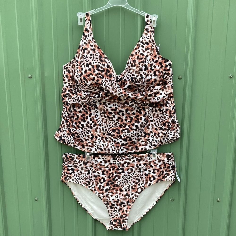Leopard Print Knit Tankini Top & High Waist Bikini Bottoms Swimsuit Size 3X